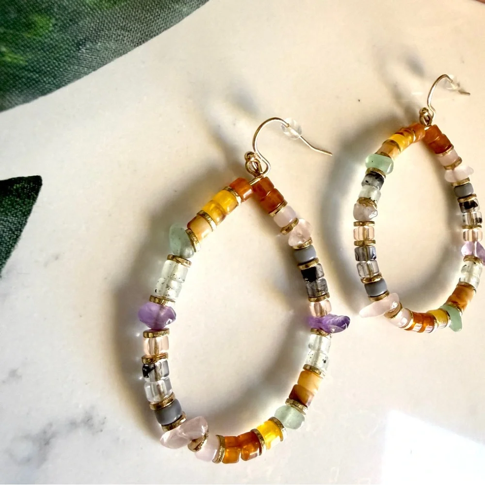 Colorful Stone Bead Earrings Teardrop Boho Natural Stones Jewelry Gift NEW - Picture 3 of 6